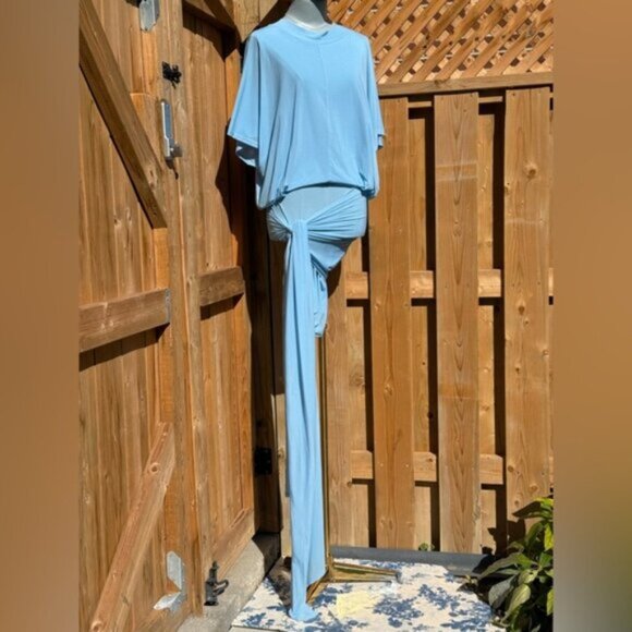 🆕 RAT & BOA 🧿 NWOT Freja Slinky Baby Blue Tie-Waist T-Shirt Mini Dress, Sz S - Picture 4 of 16